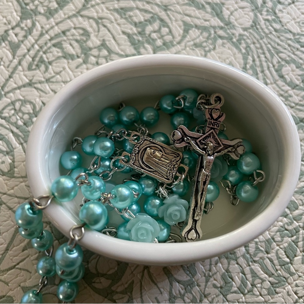 Aqua Blue Silver Cross My First Rosary Beads Set Baptism Christening Communion